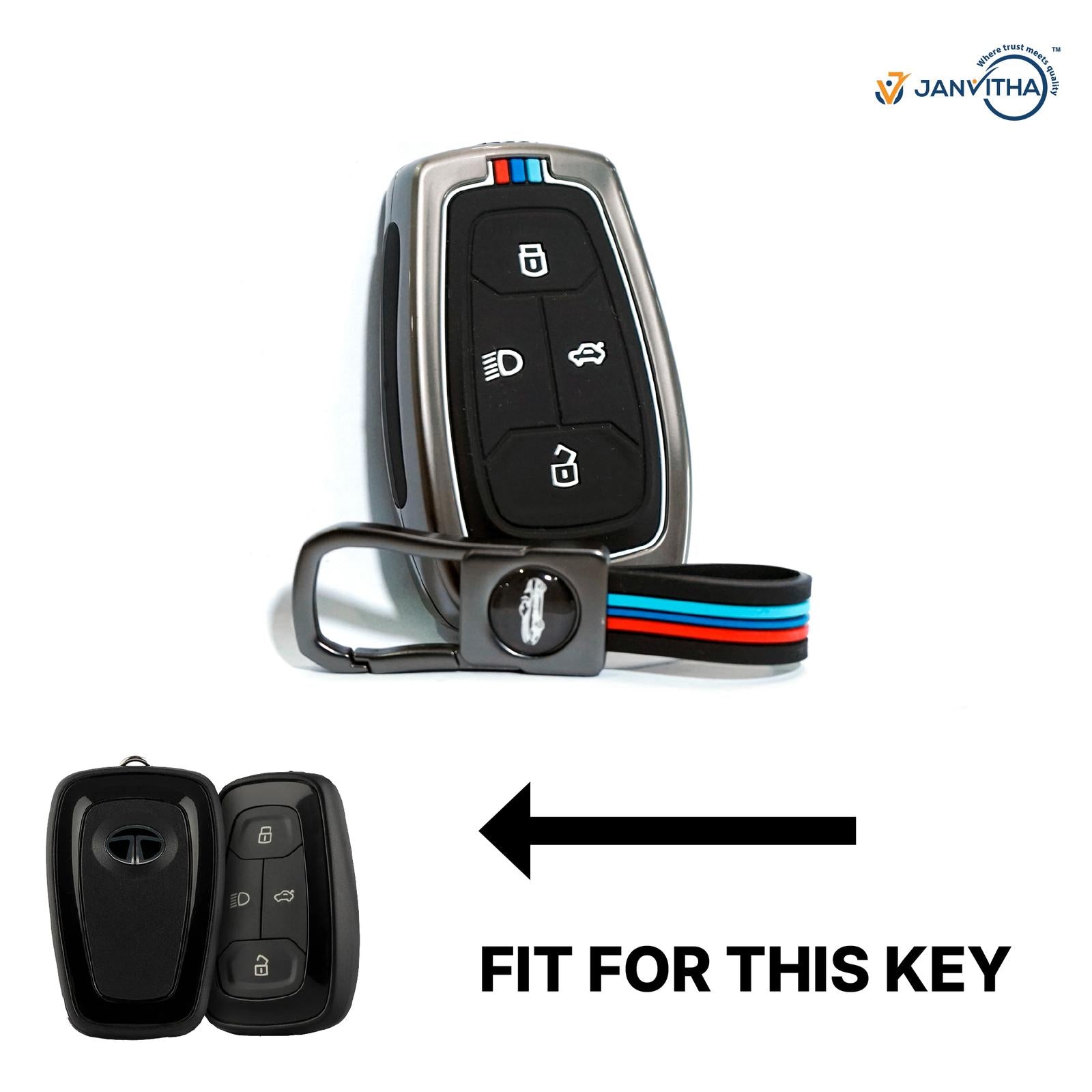 Metal & Silicone Key Cover for Tata Nexon, Harrier, Safari, Altroz, Tigor, Punch, Tiago EV – 4-Button Key cases – Scratch-Resistant, Glow-in-Dark – Black Car Accessory
