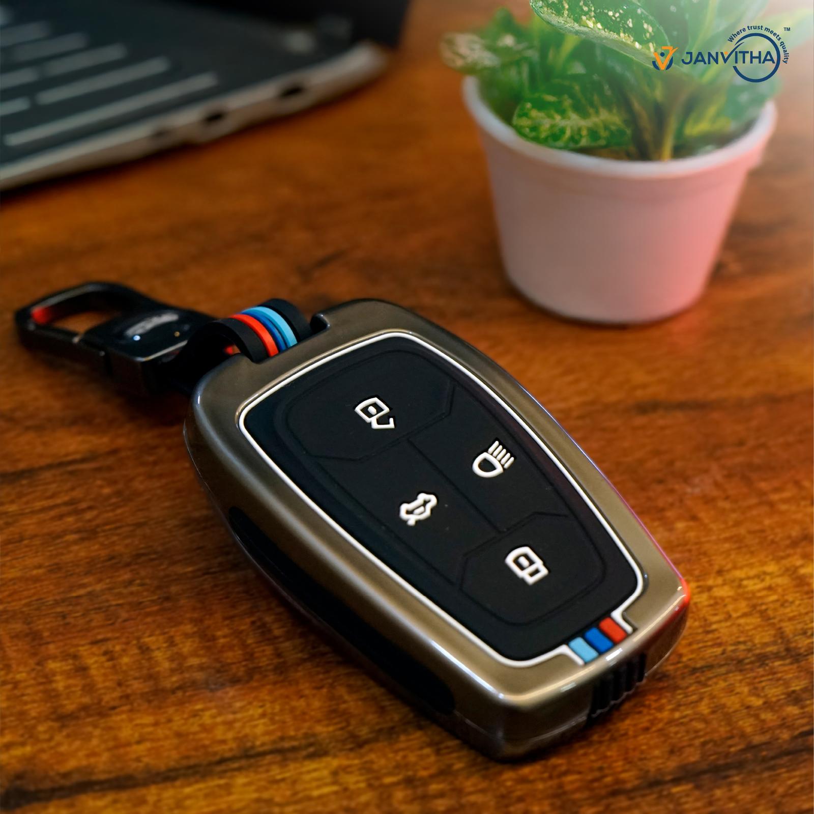 Metal & Silicone Key Cover for Tata Nexon, Harrier, Safari, Altroz, Tigor, Punch, Tiago EV – 4-Button Key cases – Scratch-Resistant, Glow-in-Dark – Black Car Accessory