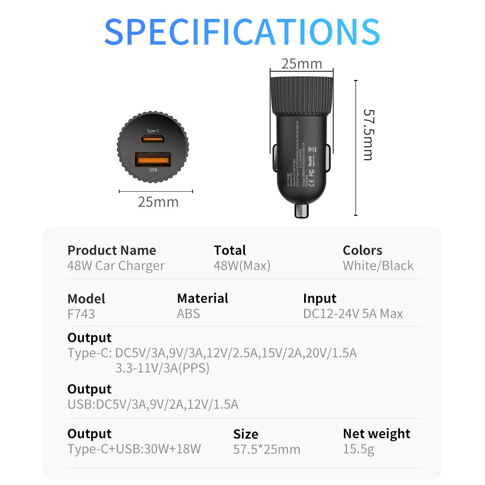 USB 48W Car Charger for iPhones, Android Phones