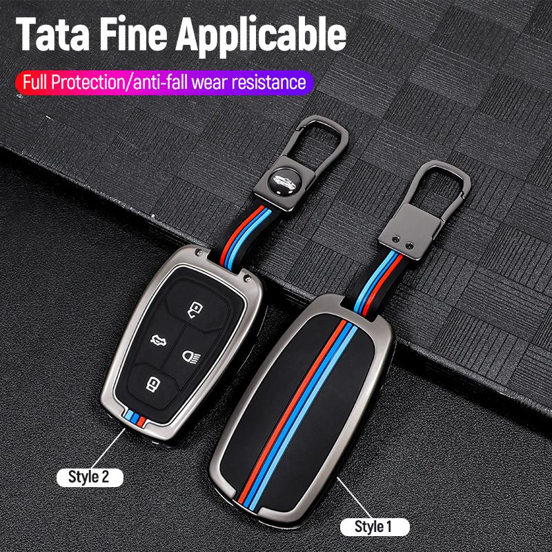 Tata 4-Button Smart Key Cover – Metal & Silicone Case for Nexon, Harrier, Safari, Tiago EV & More (Black)
