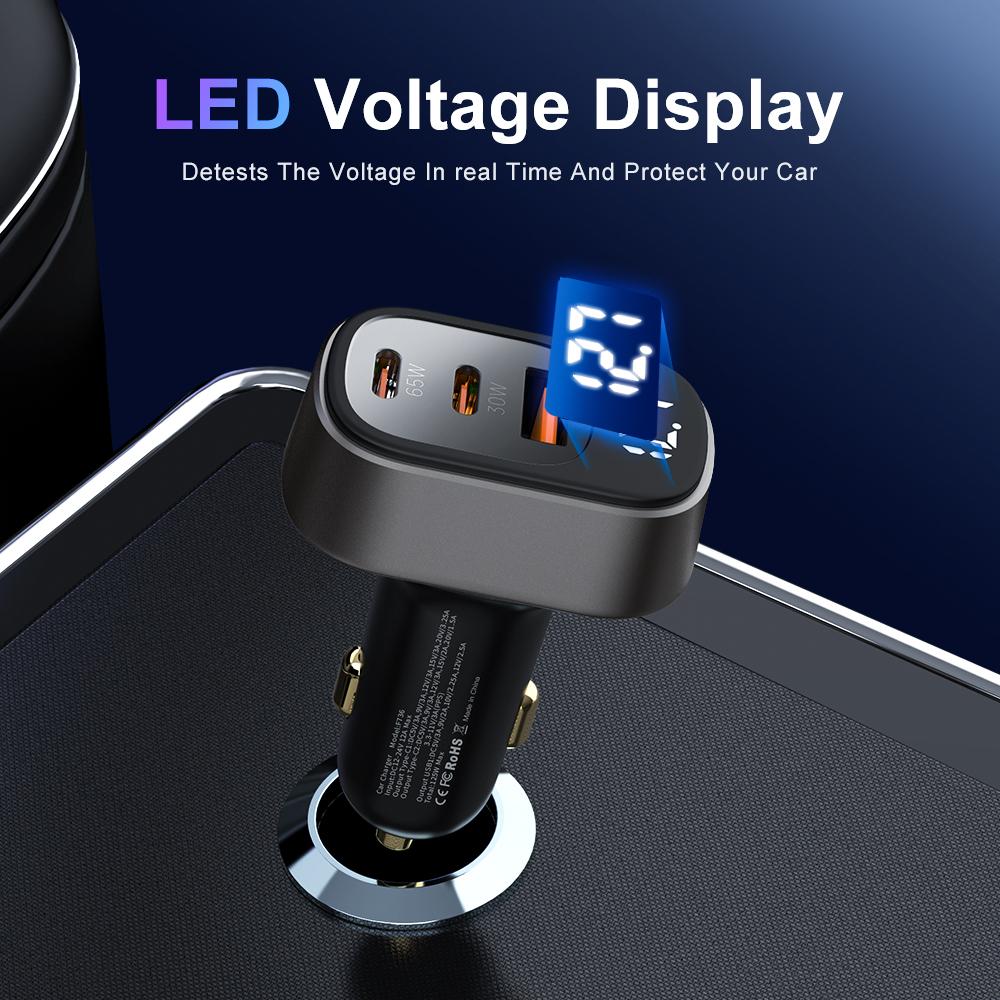 125W 3-Port USB-C Car Charger with LED Display, PD 3.0 & QC 4.0 Fast Charging