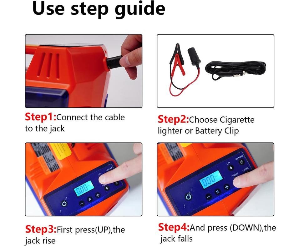 DC 12V 5T Electric Hydraulic Car Jack 6-in-1 Set with Digital Inflator for All Cars Use – 24 Months Warranty