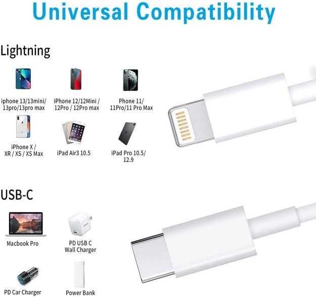 Pack of 2 USB C to Lightning Cable 20W 1M iPhone Fast Charger Cable USB-C Power Delivery Charging Cord