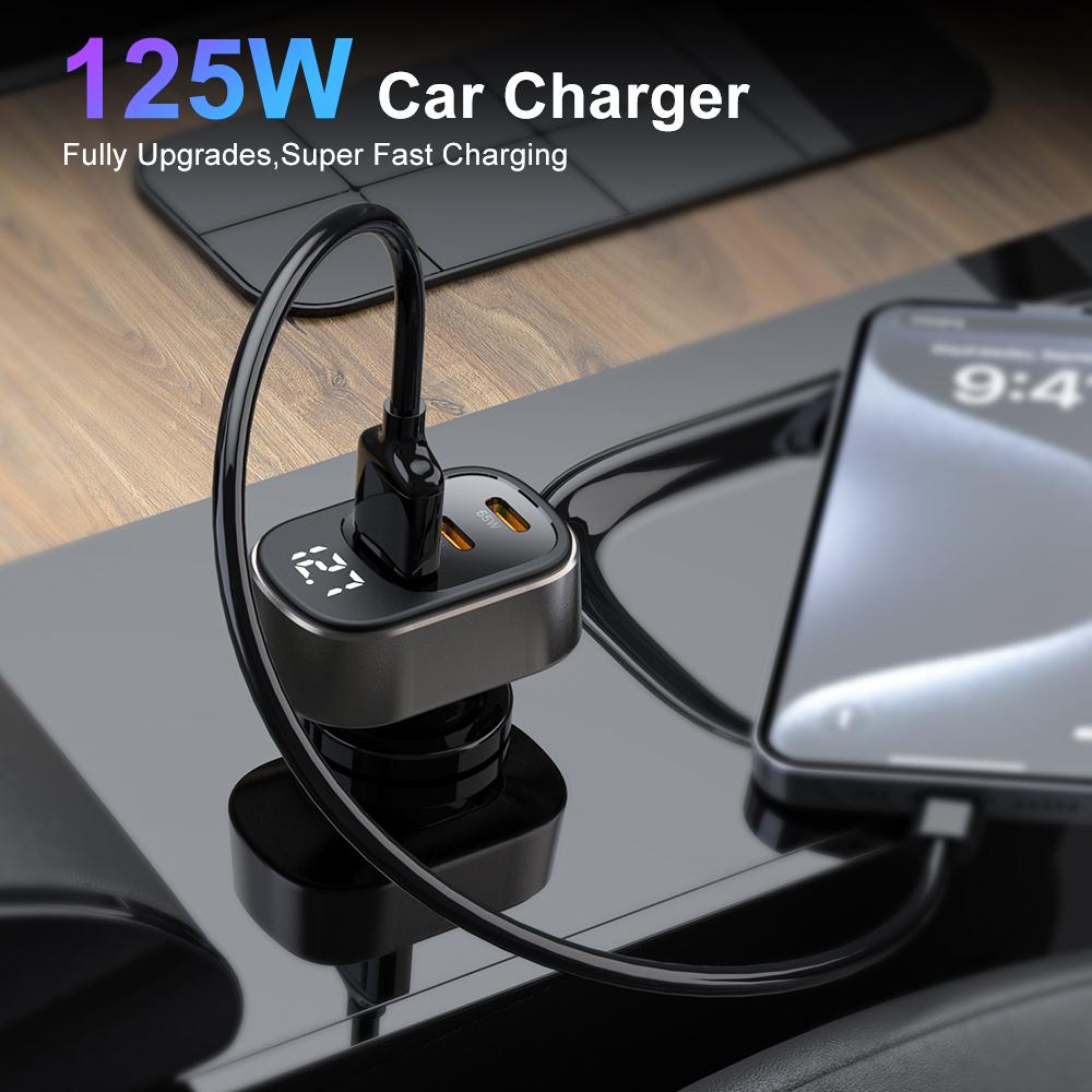 125W 3-Port USB-C Car Charger with LED Display, PD 3.0 & QC 4.0 Fast Charging
