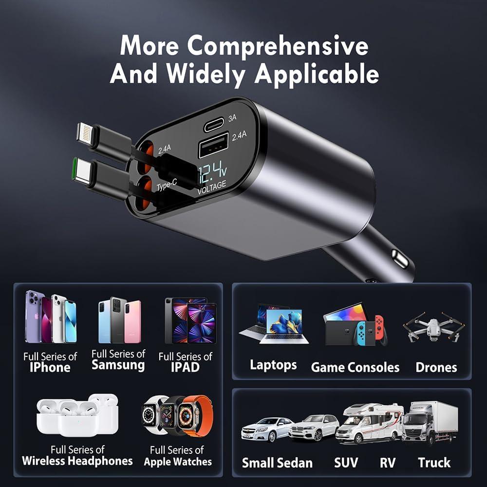 4-in-1 120W Retractable Fast Car Charger