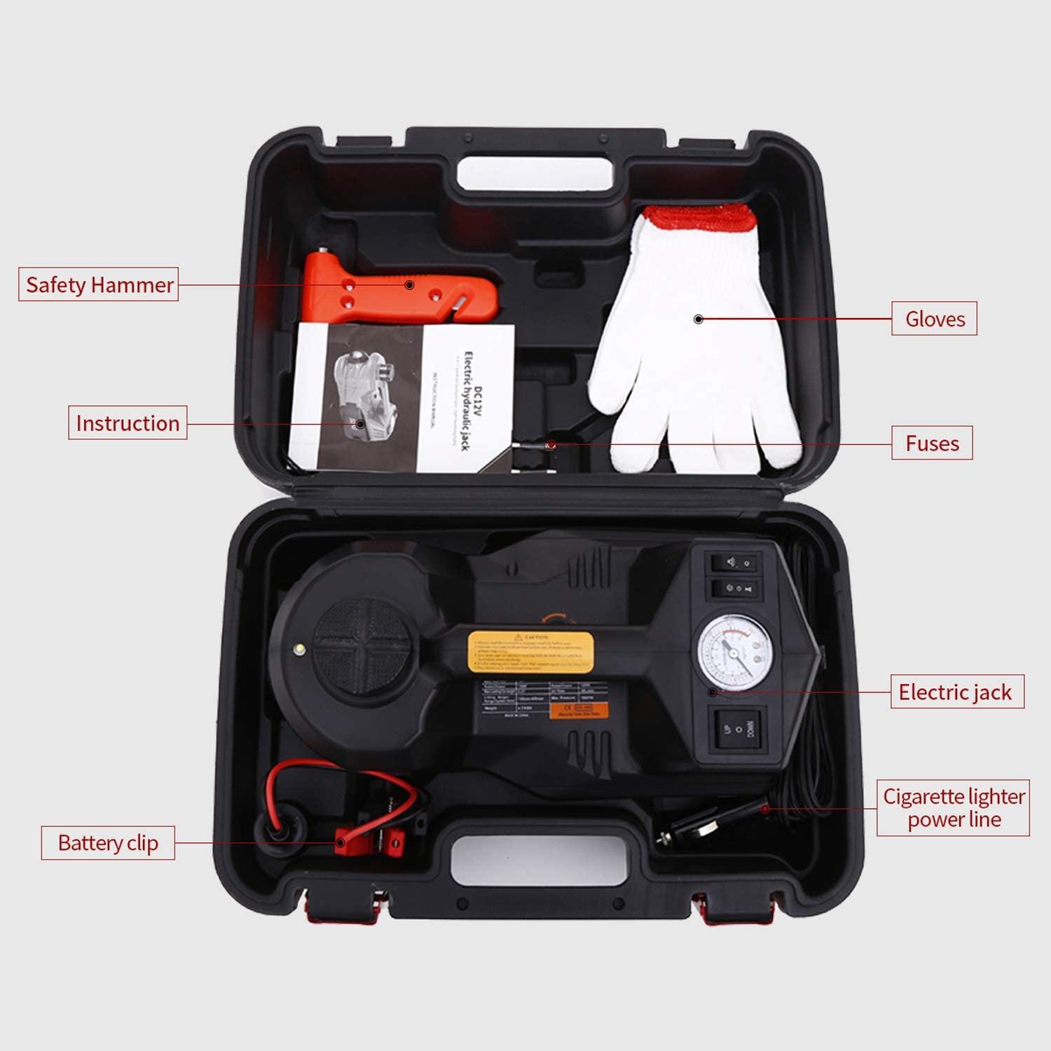 5 Tons 4-in-1 DC 12V Electric Hydraulic Car Jack with LED, Inflator pump and Safety Hammer