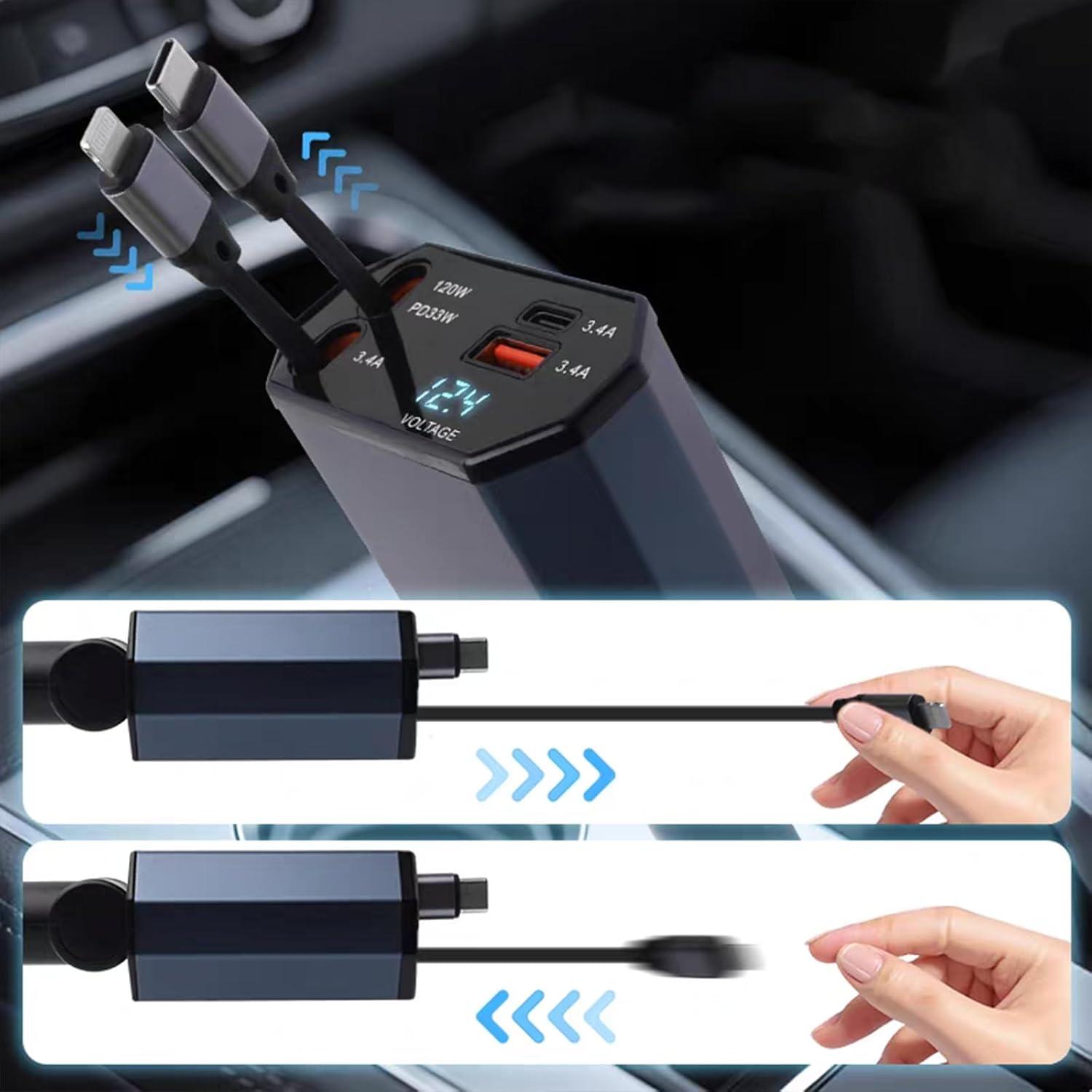 Janvitha 4-in-1 120W Retractable Fast Car Charger with Lightening and C to C