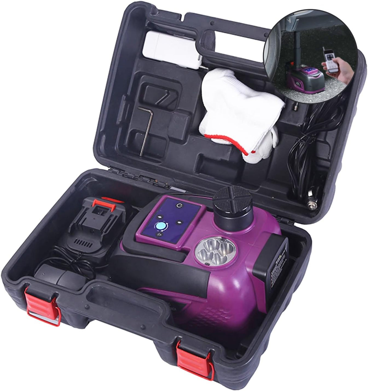 DC 12V Electric Hydraulic Cordless Car Jack with Remote Operated and Battery Powered Tire Inflator and LED Light Car Tyre Kit |Weight Capacity 5 Ton | JCJC5T (Height Upto 17.7 Inches)