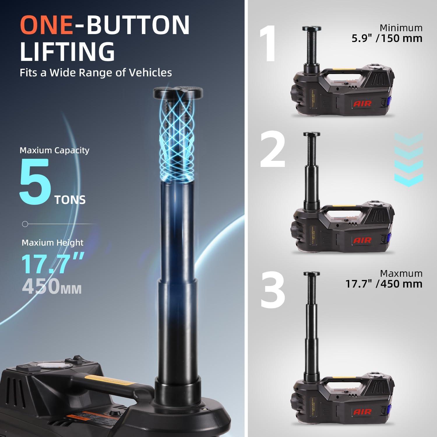 5 Tons 4-in-1 DC 12V Electric Hydraulic Car Jack with LED, Inflator pump and Safety Hammer