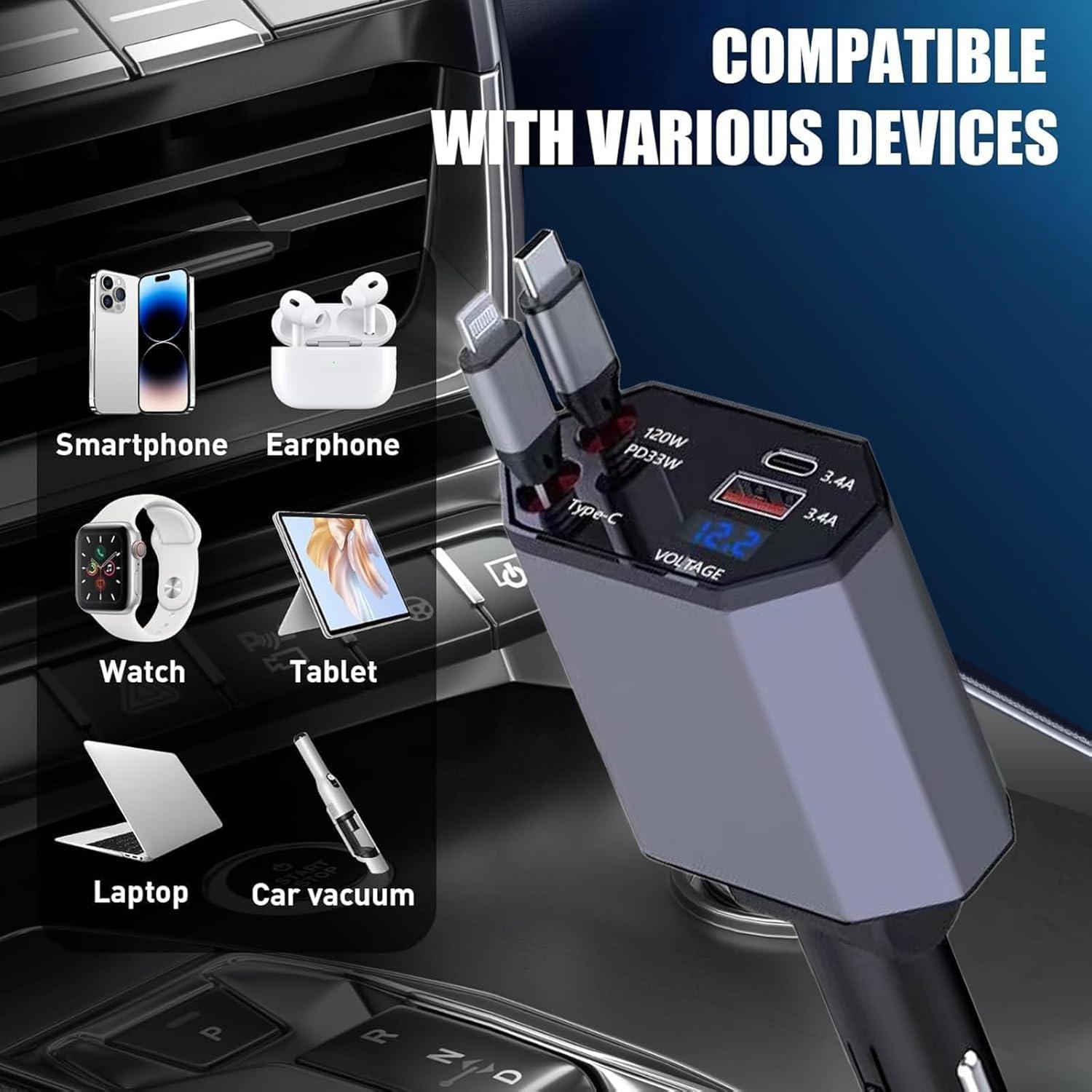 Janvitha 4-in-1 120W Retractable Fast Car Charger with Lightening and C to C