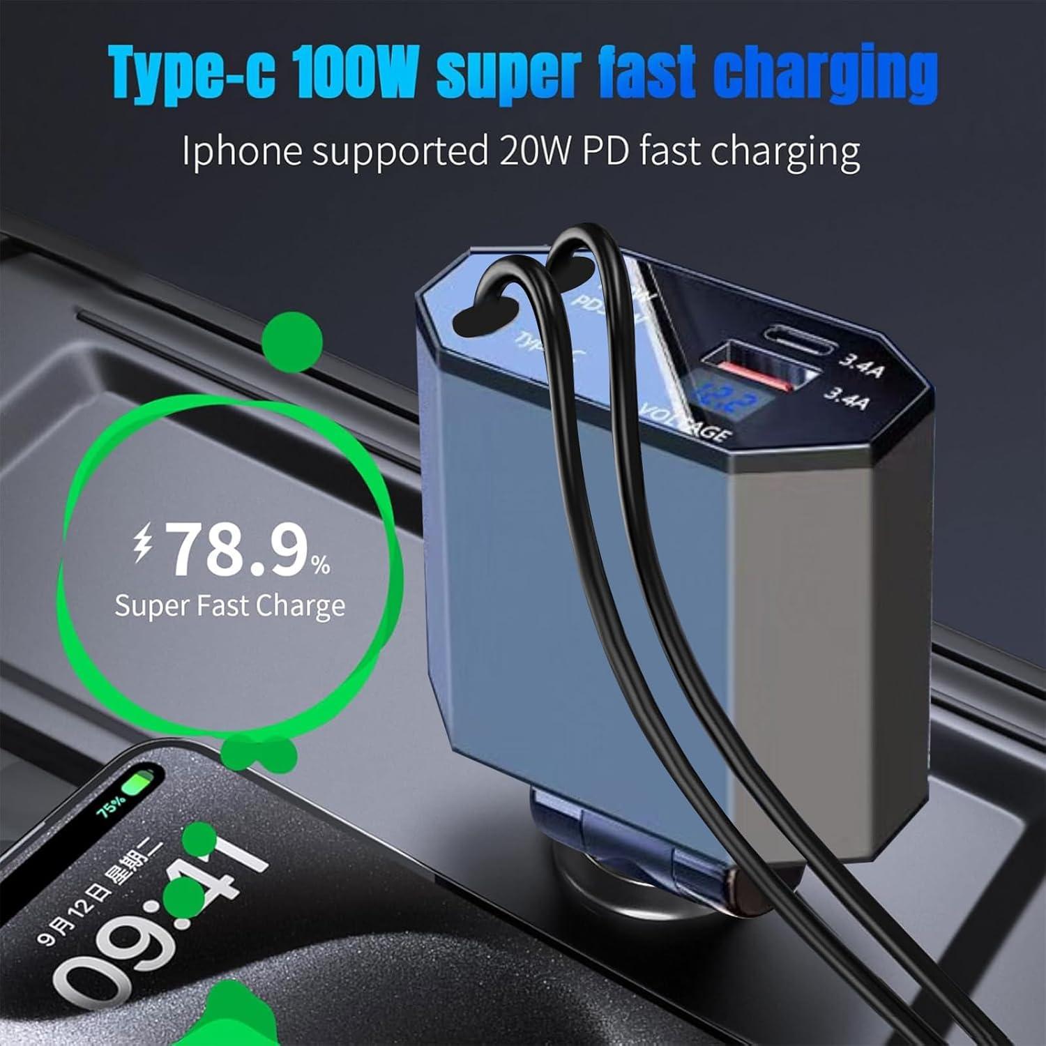 Janvitha 4-in-1 120W Retractable Fast Car Charger with Lightening and C to C