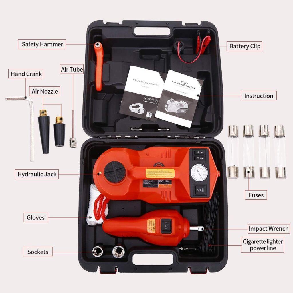 12V DC 3 Tons Electric Hydraulic 6-in-1 Car Jack Set with Impact Wrench for All Cars Use
