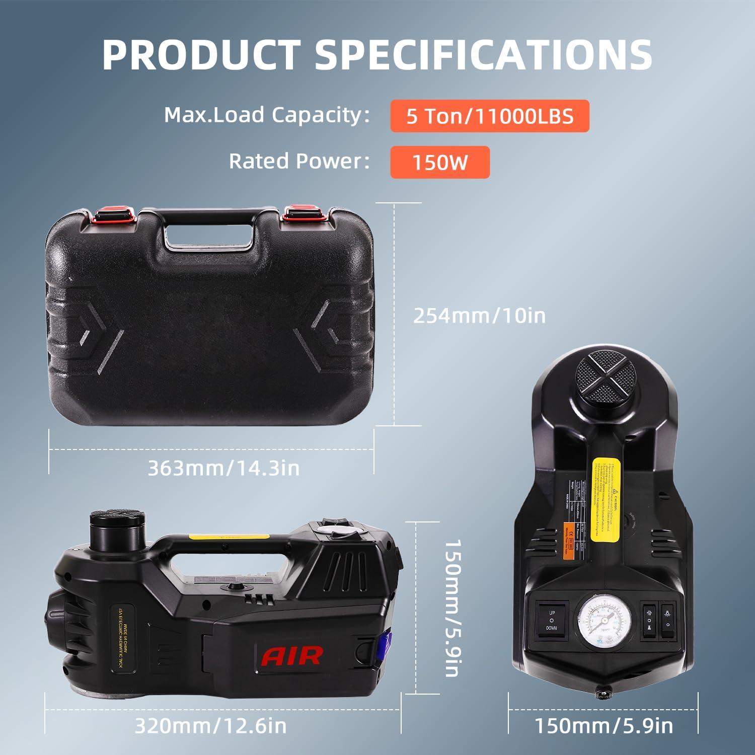 5 Tons 4-in-1 DC 12V Electric Hydraulic Car Jack with LED, Inflator pump and Safety Hammer