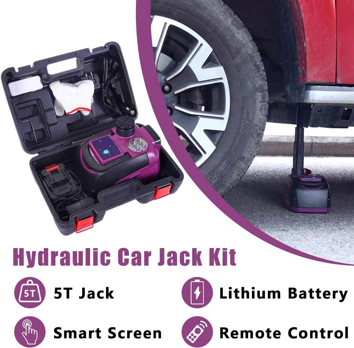 DC 12V Electric Hydraulic Cordless Car Jack with Remote Operated and Battery Powered Tire Inflator and LED Light Car Tyre Kit |Weight Capacity 5 Ton | JCJC5T (Height Upto 17.7 Inches)