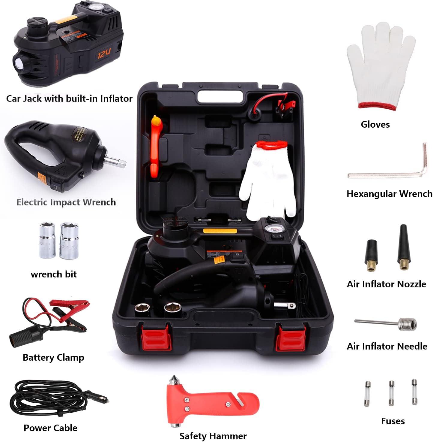 DC 12V Electric Hydraulic 6-in-1 Car Jack Set with Impact Wrench for All Cars Use