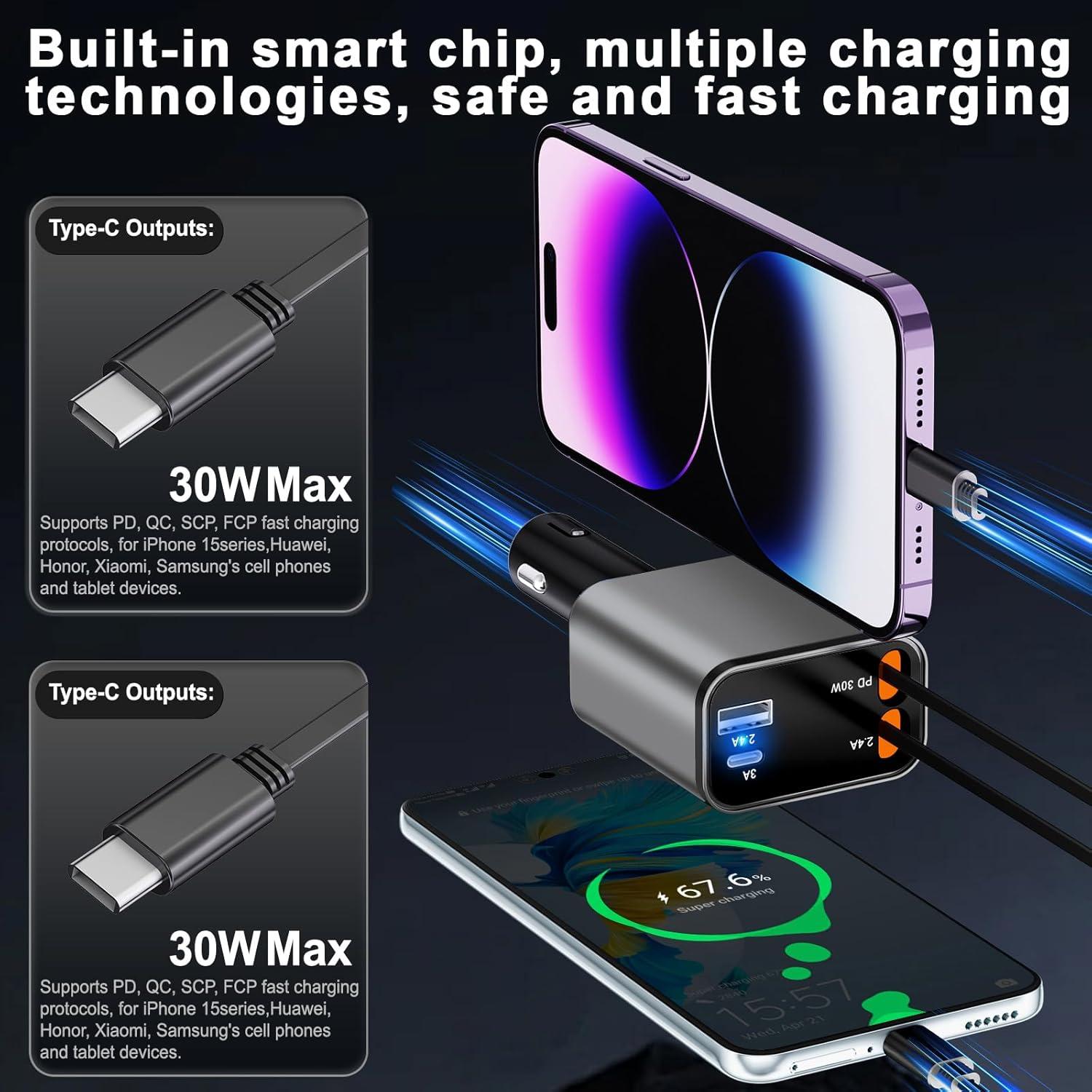 4-in-1 120W Retractable Fast Car Charger with C to C Ports