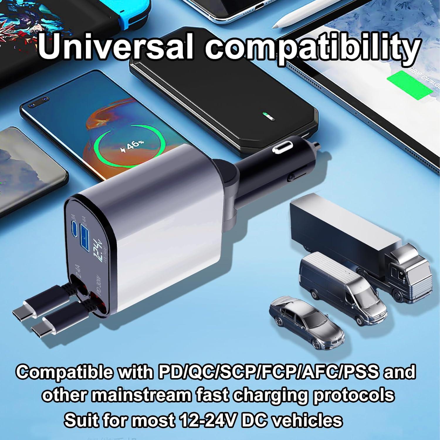 4-in-1 120W Retractable Fast Car Charger with C to C Ports
