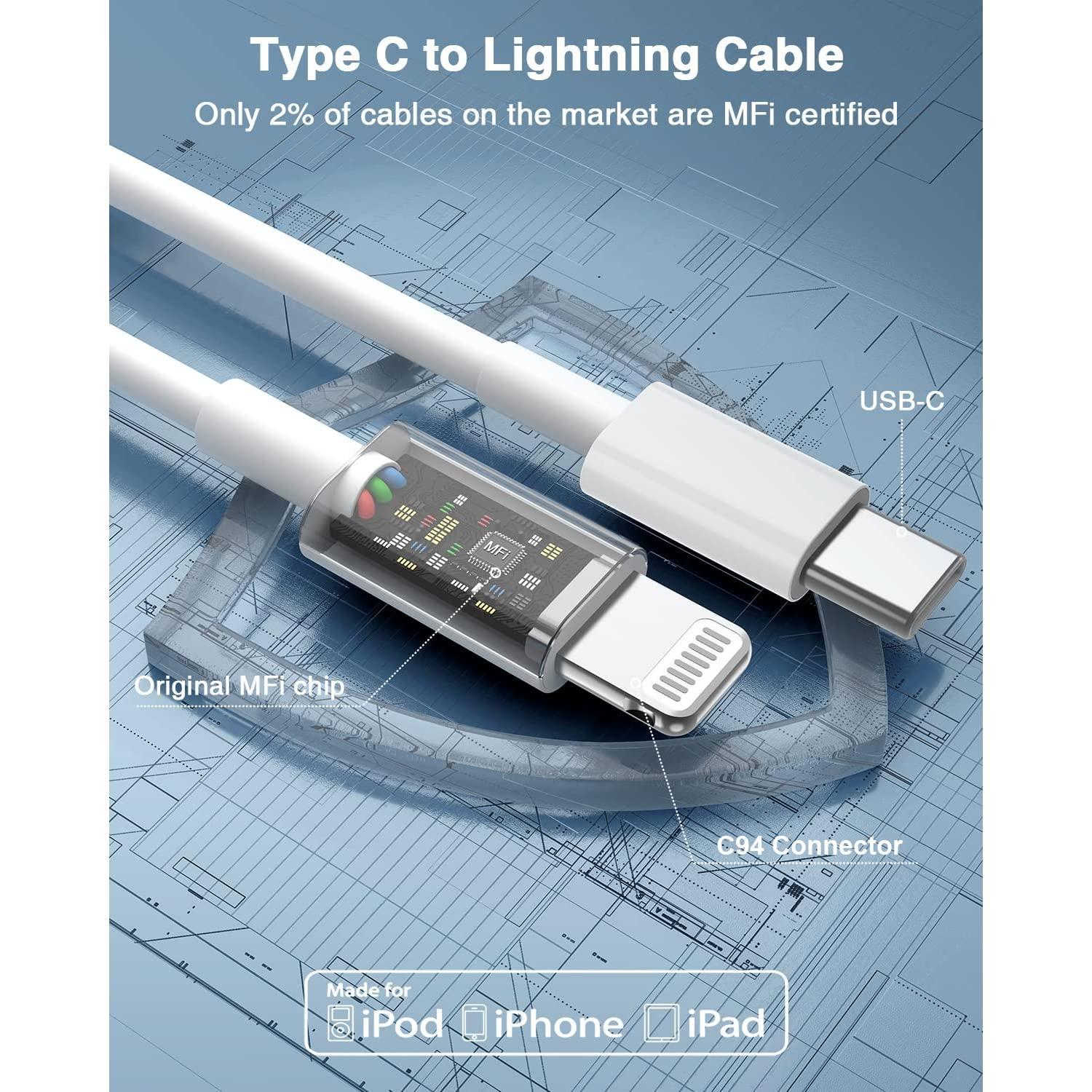 Pack of 2 USB C to Lightning Cable 20W 1M iPhone Fast Charger Cable USB-C Power Delivery Charging Cord