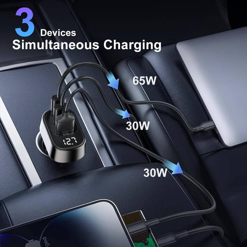 125W 3-Port USB-C Car Charger with LED Display, PD 3.0 & QC 4.0 Fast Charging