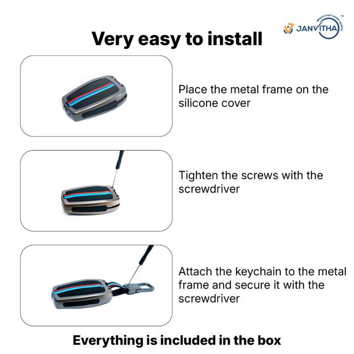 Metal & Silicone Key Cover for Tata Nexon, Harrier, Safari, Altroz, Tigor, Punch, Tiago EV – 4-Button Key cases – Scratch-Resistant, Glow-in-Dark – Black Car Accessory - Image 5