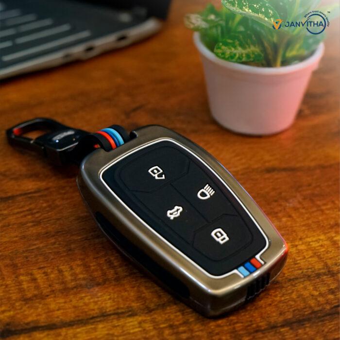 Metal & Silicone Key Cover for Tata Nexon, Harrier, Safari, Altroz, Tigor, Punch, Tiago EV – 4-Button Key cases – Scratch-Resistant, Glow-in-Dark – Black Car Accessory - Image 3
