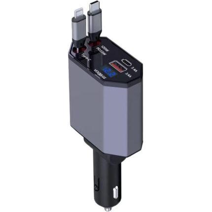 Janvitha 4-in-1 120W Retractable Fast Car Charger with Lightening and C to C