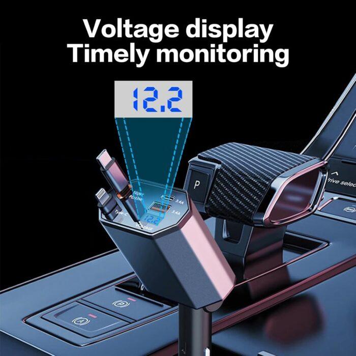 Janvitha 4-in-1 120W Retractable Fast Car Charger with Lightening and C to C - Image 6